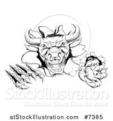Vector Illustration of a Black and White Mad Aggressive Bull Monster Clawing Through a Wall 2 by AtStockIllustration