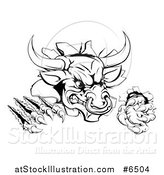 Vector Illustration of a Black and White Mad Aggressive Bull Monster Clawing Through a Wall by AtStockIllustration