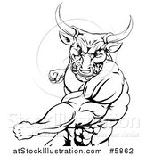 Vector Illustration of a Black and White Mad Bull or Minotaur Mascot Punching by AtStockIllustration