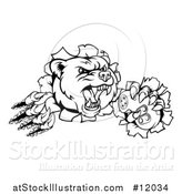 Vector Illustration of a Black and White Mad Grizzly Bear Mascot Breaking Through a Wall and Holding a Video Game Controller by AtStockIllustration