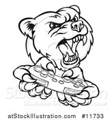 Vector Illustration of a Black and White Mad Grizzly Bear Mascot Holding a Video Game Controller by AtStockIllustration