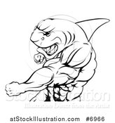 Vector Illustration of a Black and White Mad Muscular Shark Man Mascot Punching by AtStockIllustration