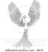 Vector Illustration of a Black and White Magical Flying Phoenix Bird by AtStockIllustration