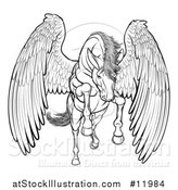 Vector Illustration of a Black and White Majestic Winged Horse Pegasus Flying Forward by AtStockIllustration