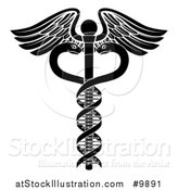 Vector Illustration of a Black and White Medical Caduceus with DNA Strand Snakes on a Winged Rod by AtStockIllustration