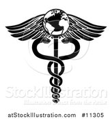 Vector Illustration of a Black and White Medical Caduceus with Snakes on a Winged Globe Rod by AtStockIllustration