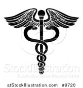 Vector Illustration of a Black and White Medical Caduceus with Snakes on a Winged Rod by AtStockIllustration