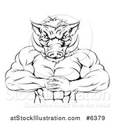 Vector Illustration of a Black and White Muscular Aggressive Boar Man Mascot Gesturing Bring It by AtStockIllustration