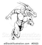 Vector Illustration of a Black and White Muscular Aggressive Dragon Man Mascot Running Upright by AtStockIllustration