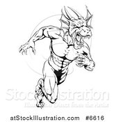 Vector Illustration of a Black and White Muscular Aggressive Dragon Man Mascot Sprinting by AtStockIllustration