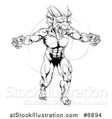 Vector Illustration of a Black and White Muscular Aggressive Dragon Man Mascot Walking Upright by AtStockIllustration