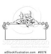 Vector Illustration of a Black and White Muscular Aggressive Welsh Dragon Man Mascot Holding a Blank Sign by AtStockIllustration
