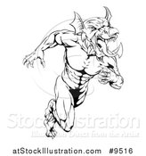 Vector Illustration of a Black and White Muscular Aggressive Welsh Dragon Man Mascot Sprinting Upright by AtStockIllustration