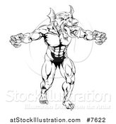 Vector Illustration of a Black and White Muscular Aggressive Welsh Dragon Man Mascot Walking Upright by AtStockIllustration