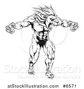 Vector Illustration of a Black and White Muscular Angry Lion Man Roaring with Claws Bared by AtStockIllustration