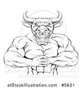 Vector Illustration of a Black and White Muscular Bull Man Gesturing Bring It with His Fists by AtStockIllustration