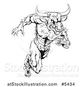 Vector Illustration of a Black and White Muscular Bull Mascot Running Upright by AtStockIllustration