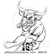 Vector Illustration of a Black and White Muscular Bull or Minotaur Man Mascot Punching by AtStockIllustration