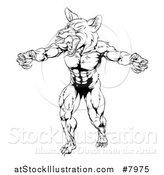 Vector Illustration of a Black and White Muscular Fox Man Mascot Lunching Forward to Attack by AtStockIllustration
