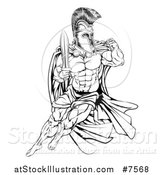 Vector Illustration of a Black and White Muscular Gladiator Man in a Helmet Fighting with a Sword and Holding up a Fist by AtStockIllustration