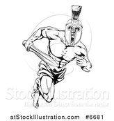 Vector Illustration of a Black and White Muscular Gladiator Man in a Helmet Sprinting with a Sword by AtStockIllustration