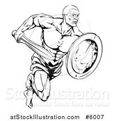 Vector Illustration of a Black and White Muscular Gladiator Running with a Sword by AtStockIllustration