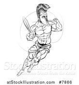 Vector Illustration of a Black and White Muscular Gladiator Spartan Man in a Helmet Fighting with a Sword and Holding up a Fist by AtStockIllustration