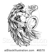 Vector Illustration of a Black and White Muscular Male Guardian Angel Running with a Shield and Sword by AtStockIllustration