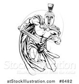 Vector Illustration of a Black and White Muscular Spartan Warrior Man in a Cape, Running with a Sword by AtStockIllustration