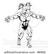 Vector Illustration of a Black and White Muscular Vicious Ram Man with Claws Bared by AtStockIllustration