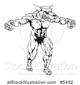 Vector Illustration of a Black and White Muscular Wolf Mascot Standing Upright by AtStockIllustration