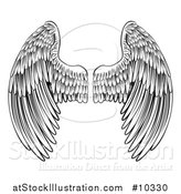 Vector Illustration of a Black and White Pair of Feathered Wings in Woodcut Style by AtStockIllustration