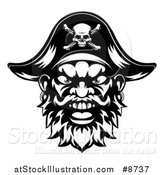 Vector Illustration of a Black and White Pirate Mascot Face with an Eye Patch and Captain Hat by AtStockIllustration