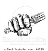 Vector Illustration of a Black and White Retro Woodcut Fisted Hand Holding a Fork by AtStockIllustration