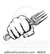 Vector Illustration of a Black and White Retro Woodcut Fisted Hand Holding a Fork by AtStockIllustration