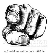 Vector Illustration of a Black and White Retro Woodcut Hand Pointing Outwards by AtStockIllustration