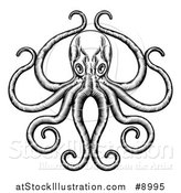 Vector Illustration of a Black and White Retro Woodcut Octopus with Its Tentacles in an Ornate Pose by AtStockIllustration