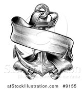 Vector Illustration of a Black and White Retro Woodcut or Engraved Anchor and Ribbon Banner by AtStockIllustration