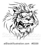 Vector Illustration of a Black and White Roaring Aggressive Lion Mascot Head by AtStockIllustration