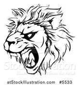 Vector Illustration of a Black and White Roaring Aggressive Lion Mascot Head by AtStockIllustration