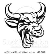 Vector Illustration of a Black and White Roaring Bull Mascot Head with a Nose Ring by AtStockIllustration