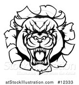 Vector Illustration of a Black and White Roaring Panther Mascot Breaking Through a Wall by AtStockIllustration