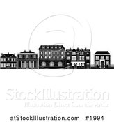 Vector Illustration of a Black and White Row of Edwardian, Victorian and Georgian House and Building Facades by AtStockIllustration