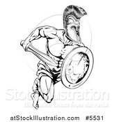 Vector Illustration of a Black and White Running Trojan Gladiator with a Shield and Sword by AtStockIllustration