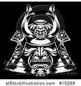 Vector Illustration of a Black and White Samurai Mask on Black by AtStockIllustration