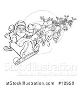 Vector Illustration of a Black and White Scene of Reindeer Flying Santa in a Sleigh by AtStockIllustration