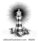 Vector Illustration of a Black and White Shining Engraved Lighthouse by AtStockIllustration