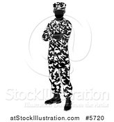 Vector Illustration of a Black and White Silhouetted Army Soldier Standing with Folded Arms by AtStockIllustration
