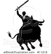 Vector Illustration of a Black and White Silhouetted Business Man Holding a Sword and Riding a Stock Market Bull by AtStockIllustration