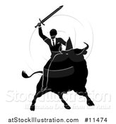 Vector Illustration of a Black and White Silhouetted Business Man Holding a Sword and Riding a Stock Market Bull by AtStockIllustration